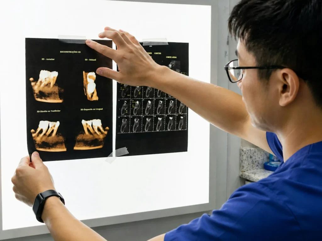Medic care examinează imagini dentare pe un panou luminos