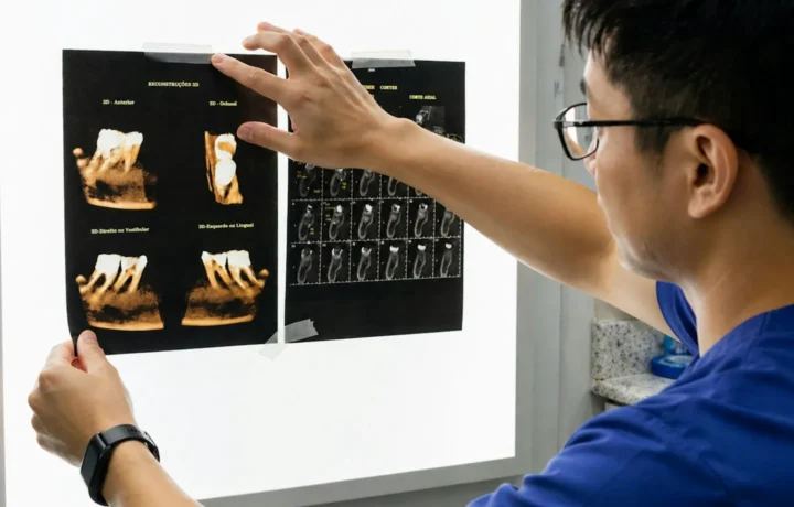 Medic care examinează imagini dentare pe un panou luminos